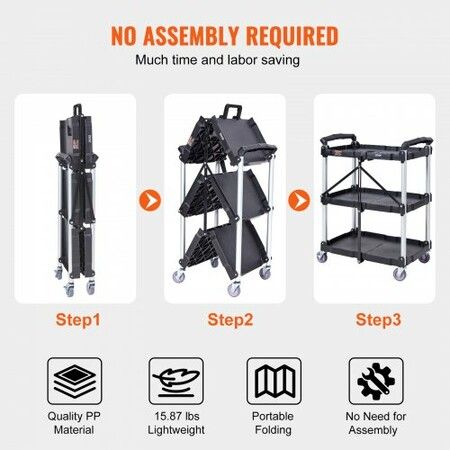 Foldable Utility Service Cart 3 Shelf 165LBS with Swivel Lockable Wheels