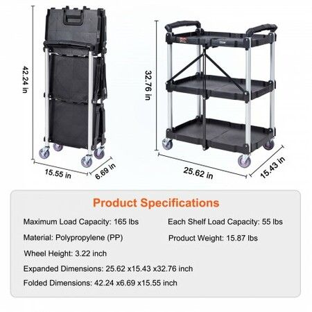 Foldable Utility Service Cart 3 Shelf 165LBS with Swivel Lockable Wheels