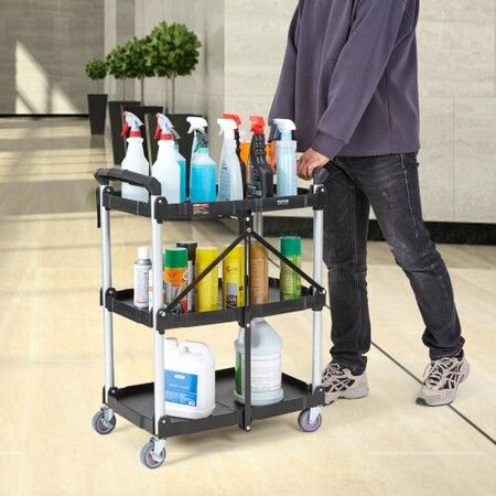 Foldable Utility Service Cart 3 Shelf 165LBS with Swivel Lockable Wheels