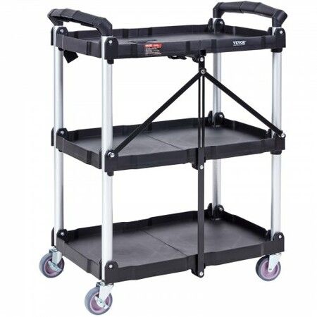 Foldable Utility Service Cart 3 Shelf 165LBS with Swivel Lockable Wheels