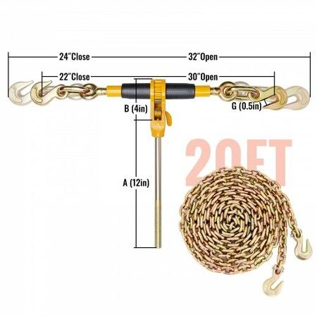 Ratchet Chain Binder 5/16"-3/8" Heavy Duty Load Binders with G80 Chains 7100 lbs Secure Load Limit Labor-saving Anti-skid Handle Tie Down Hauling Chain