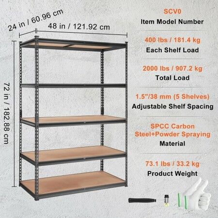 Storage Shelving Unit 5-Tier Adjustable 907 kg Capacity Heavy Duty Garage Shelves Metal Organizer Utility Rack Black 122L x 61W x 183H cm