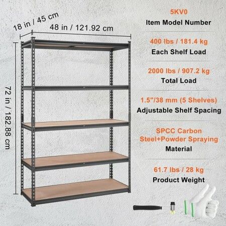 Storage Shelving Unit 5-Tier Adjustable 907 kg Capacity Heavy Duty Garage Shelves Metal Organizer Utility Rack Black 45D x 122W x 183H cm