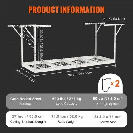 Overhead Garage Storage Rack 91.44x243.84cm Garage Ceiling Storage Racks Heavy Duty Adjustable Cold Rolled Steel Racks for Garage Storage Organization