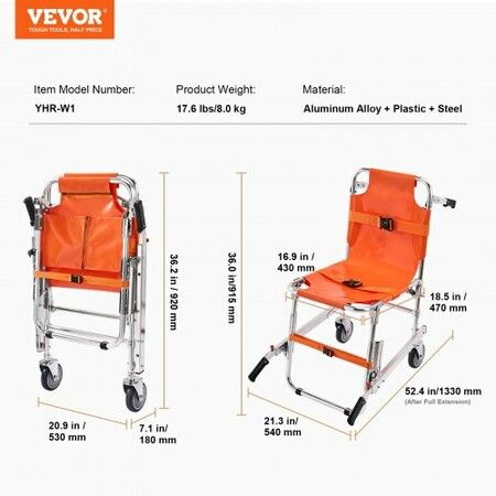 EMS Stair Chair 159 kg Load Capacity Foldable Aluminum Emergency Stair Climbing Wheelchair with 2 Wheels Portable Stair Lift Chair Ambulance Firefighter