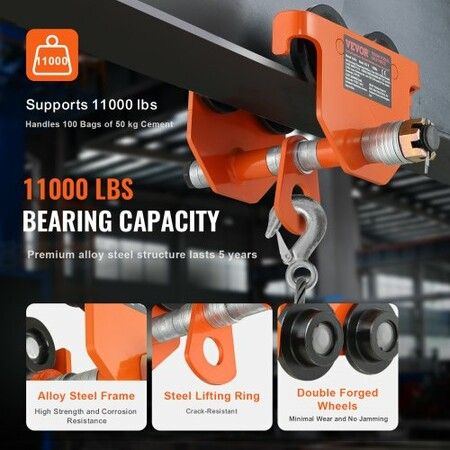 Manual Trolley 5 Ton Load Capacity Push Beam Trolley with Dual Wheels Adjustable for I-Beam Flange Width 114.3 mm to 203.2 mm Heavy Duty Alloy Steel