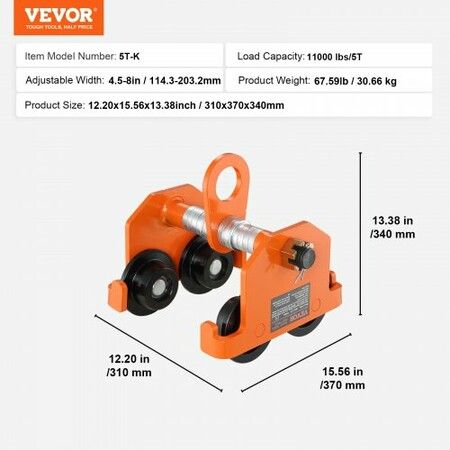 Manual Trolley 5 Ton Load Capacity Push Beam Trolley with Dual Wheels Adjustable for I-Beam Flange Width 114.3 mm to 203.2 mm Heavy Duty Alloy Steel