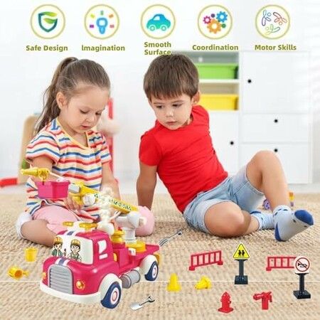 FireTruck Construction Fire Engine Water Sprinkler  Sound Light Montessori Pull Back Car Toys Fruit Building Block Birthday Gifts for Kids Boys Girls