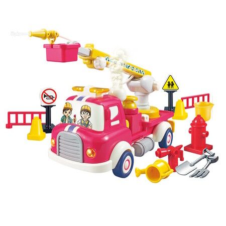 FireTruck Construction Fire Engine Water Sprinkler  Sound Light Montessori Pull Back Car Toys Fruit Building Block Birthday Gifts for Kids Boys Girls