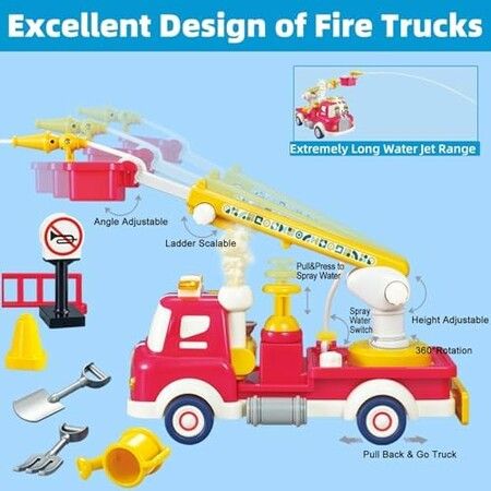 FireTruck Construction Fire Engine Water Sprinkler  Sound Light Montessori Pull Back Car Toys Fruit Building Block Birthday Gifts for Kids Boys Girls