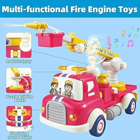 FireTruck Construction Fire Engine Water Sprinkler  Sound Light Montessori Pull Back Car Toys Fruit Building Block Birthday Gifts for Kids Boys Girls