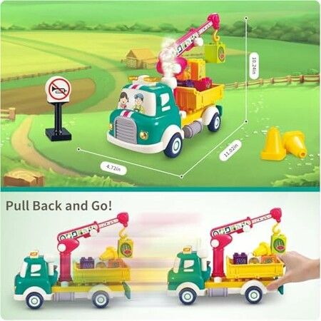 Crane Truck Construction  Sound Light Montessori Pull Back Car Toys Fruit Building Block Birthday Gifts for Kids Boys Girls