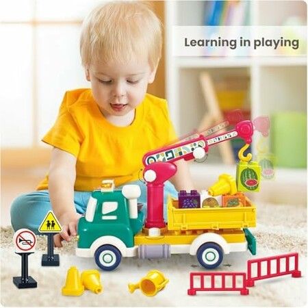 Crane Truck Construction  Sound Light Montessori Pull Back Car Toys Fruit Building Block Birthday Gifts for Kids Boys Girls