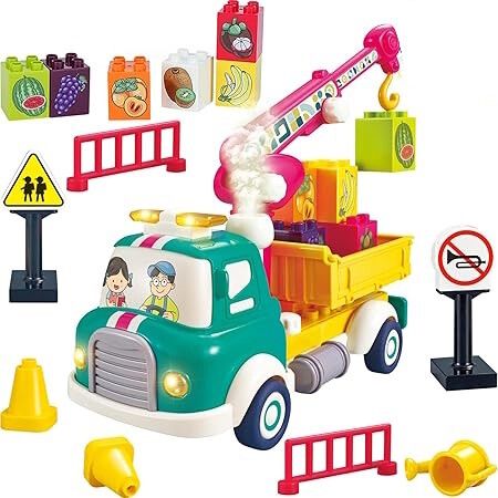 Crane Truck Construction  Sound Light Montessori Pull Back Car Toys Fruit Building Block Birthday Gifts for Kids Boys Girls