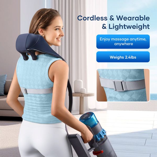 Neck Shoulder Massager Portable Cordless 6D Deep Kneading Back Massage Machine Lightweight Smart Relax Device with 2 Heating Levels 2 Speed