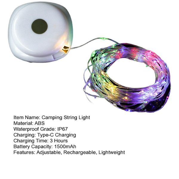 Camping String Light Flexible Multiple Lighting Modes Rechargeable Tent String Light Outdoor Decor Multicolor Light