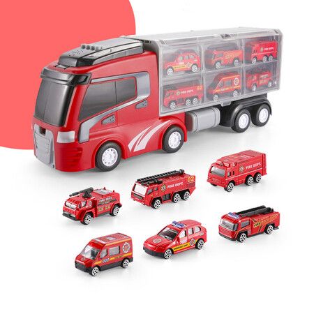 7-in-1 Kids Cargo Truck Car Carrier Toy Set with 6 Small Cars with Lights and Sounds for Children Gift (Red)