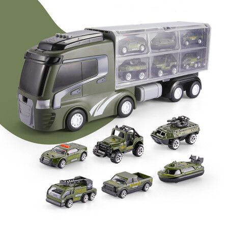 7-in-1 Kids Cargo Truck Car Carrier Toy Set with 6 Small Cars with Lights and Sounds for Children Gift (Green)