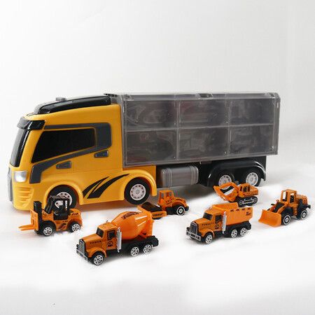 7-in-1 Kids Cargo Truck Car Carrier Toy Set with 6 Small Cars with Lights and Sounds for Children Gift (Yellow)