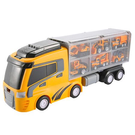 7-in-1 Kids Cargo Truck Car Carrier Toy Set with 6 Small Cars with Lights and Sounds for Children Gift (Yellow)