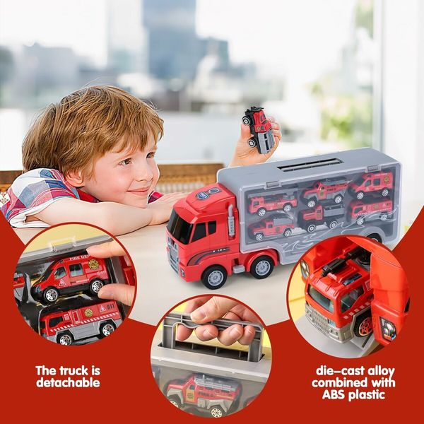 Transport Vehicle with 6 Random Cars, 7 in 1 Construction Truck, Toy Transport Truck Vehicle Set, Gifts for Kids