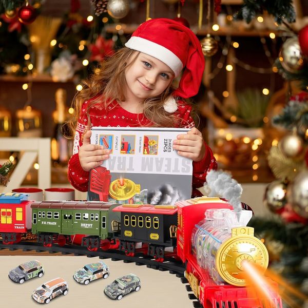 Electric Train Set for Boys Girls with Lights Sound Christmas Trains Toys, Folding Catapult Carriage with Random 4 Cars