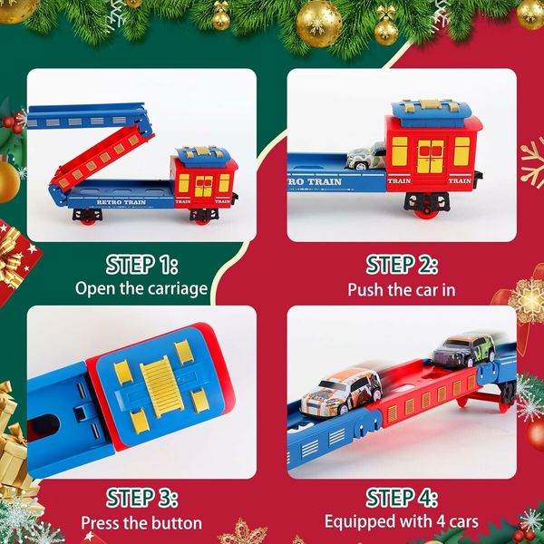 Electric Train Set for Boys Girls with Lights Sound Christmas Trains Toys, Folding Catapult Carriage with Random 4 Cars