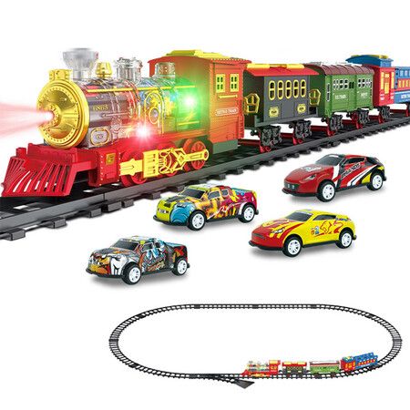 Electric Train Set for Boys Girls with Lights Sound Christmas Trains Toys, Folding Catapult Carriage with Random 4 Cars