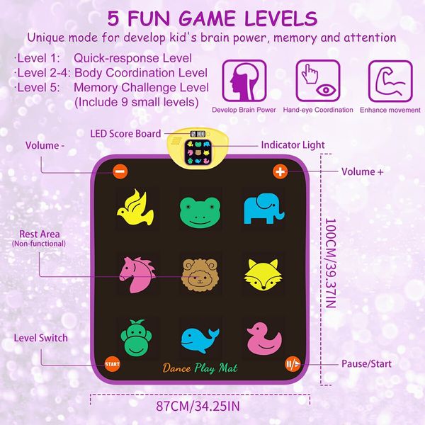 Dance Mat for Kids 8-Button Light Up Dance Floor Mat 5 Game Modes Musical Mat with Adjustable Volume,Birthday Present Toys for 3+ Year Old