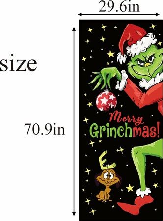 Grinch Door Cover Decorations for Christmas, Holiday Backdrop Banner for Front Door, Outdoor and Indoor Winter Party Decor, 90 x 180 cm