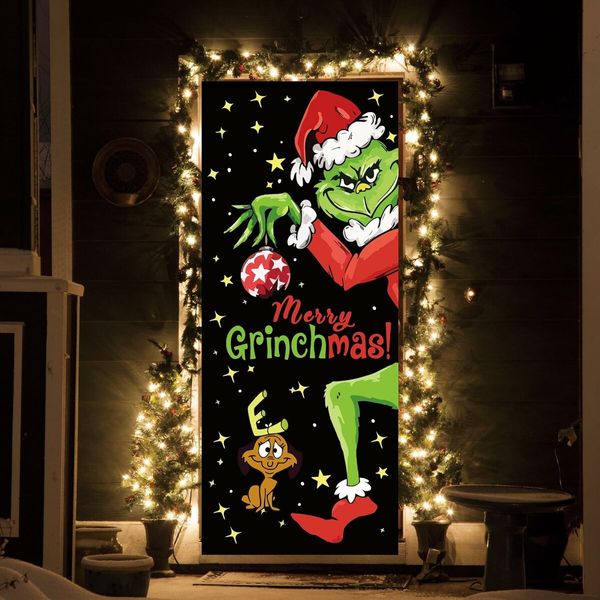 Grinch Door Cover Decorations for Christmas, Holiday Backdrop Banner for Front Door, Outdoor and Indoor Winter Party Decor, 90 x 180 cm