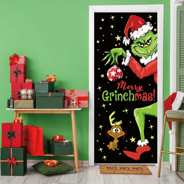 Grinch Door Cover Decorations for Christmas, Holiday Backdrop Banner for Front Door, Outdoor and Indoor Winter Party Decor, 90 x 180 cm