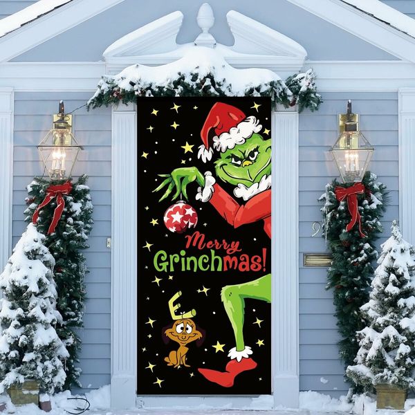 Grinch Door Cover Decorations for Christmas, Holiday Backdrop Banner for Front Door, Outdoor and Indoor Winter Party Decor, 90 x 180 cm