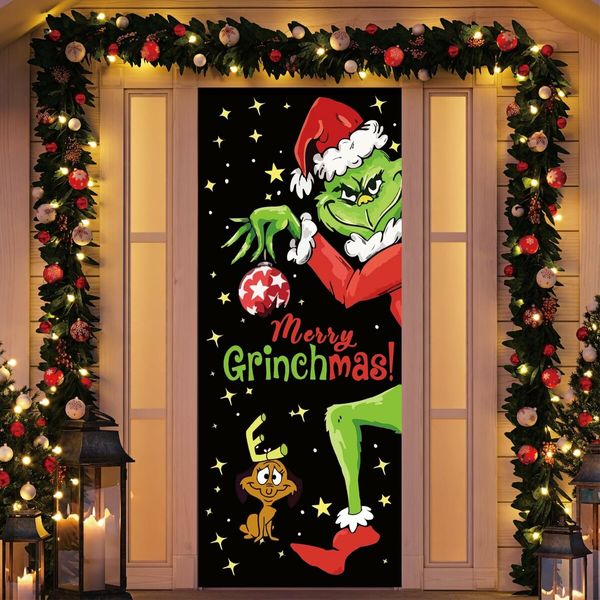 Grinch Door Cover Decorations for Christmas, Holiday Backdrop Banner for Front Door, Outdoor and Indoor Winter Party Decor, 90 x 180 cm