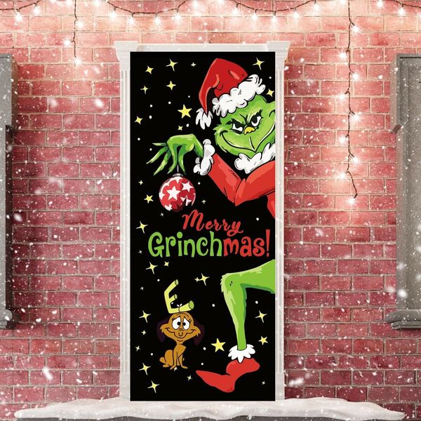 Grinch Door Cover Decorations for Christmas, Holiday Backdrop Banner for Front Door, Outdoor and Indoor Winter Party Decor, 90 x 180 cm