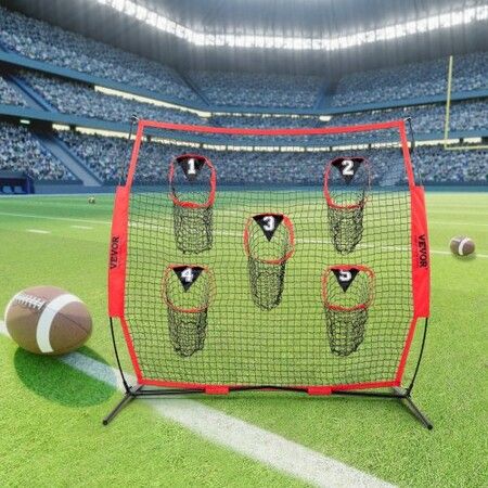 7 x 7 ft Football Trainer Throwing Net Training Throwing Target Practice Net with 5 Target Pockets Knotless Net Includes Bow Frame and Portable Carry Case