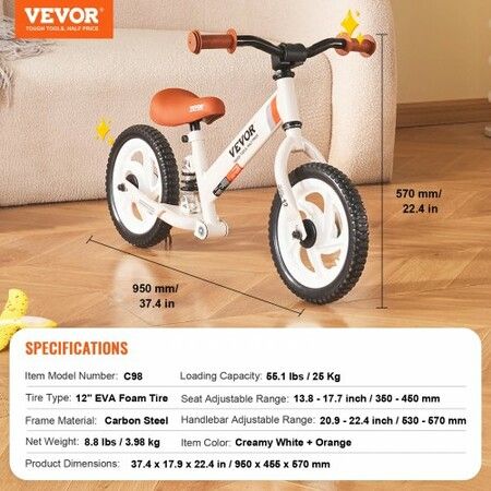 Toddler Balance Bike Carbon Steel Balance Bicycle for Kids with Adjustable Seat & Handlebar 12" EVA Foam Tires No Pedal Balance Bicycle Gift