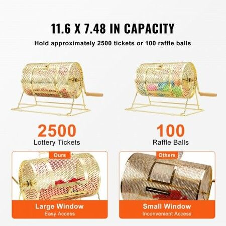 Raffle Drum 11.6 x 7.48 inch Brass Plated Raffle Ticket Spinning Cage Holds 2500 Tickets or 100 Ping Pong Balls Metal Lottery Spinning Drawing with Wooden