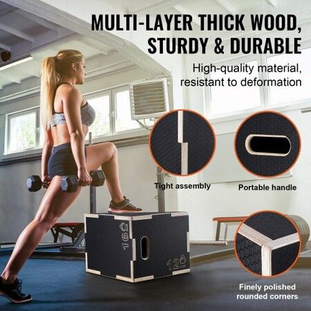 3 in 1 Plyometric Jump Box 16/14/12 Inch Wooden Plyo Box Platform & Jumping Agility Box Anti-Slip Fitness Exercise Step Up Box for Home Gym Training