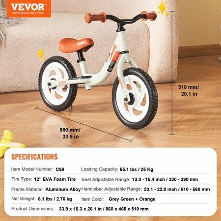 Toddler Balance Bike Lightweight Aluminum Alloy Balance Bicycle for Kids with Adjustable Seat & Handlebar 12" EVA Foam Tires No Pedal Kids Bicycle Gift