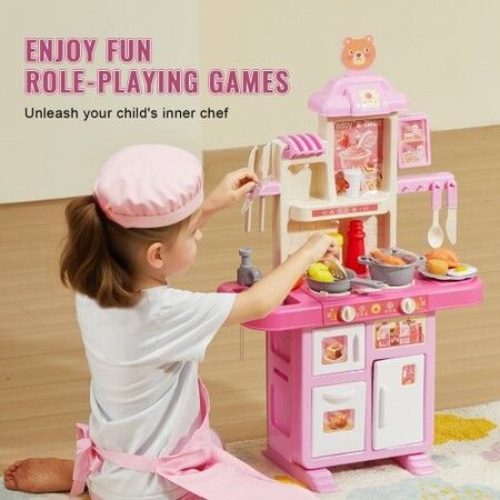 Kitchen Playset Kids Pretend Cooking Play Toy 48 Piece Accessories Pink