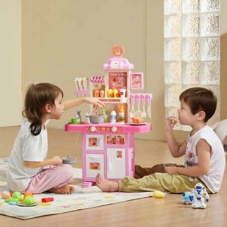 Kitchen Playset Kids Pretend Cooking Play Toy 48 Piece Accessories Pink