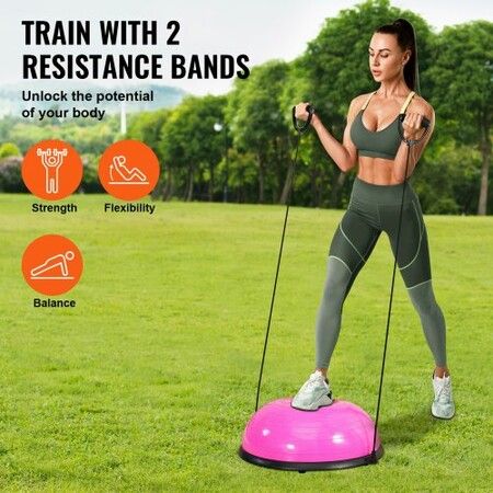 Half Exercise Ball Trainer 23 inch Balance Ball Trainer 660lbs Capacity Stability Ball Yoga Ball with Resistance Bands & Foot Pump Strength Fitness Ball