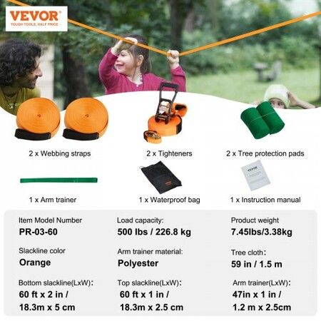 Slackline Kit with Training Line 18.3m Backyard Slack Line Equipment Easy Setup Tight Rope for Kids Adults Complete Slackline Set with Tree Protectors