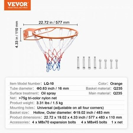 Basketball Rim Wall Door Mounted Basketball Hoop Heavy Duty Q235 Basketball Flex Rim Goal Replacement with Net Standard 18" Indoor and Outdoor Hanging