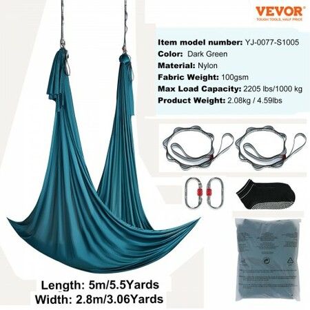 Aerial Yoga Hammock & Swing 5 m Length Aerial Yoga Starter Kit with 100gsm Nylon Fabric Full Rigging Hardware & Easy Set-up Guide Antigravity Flying