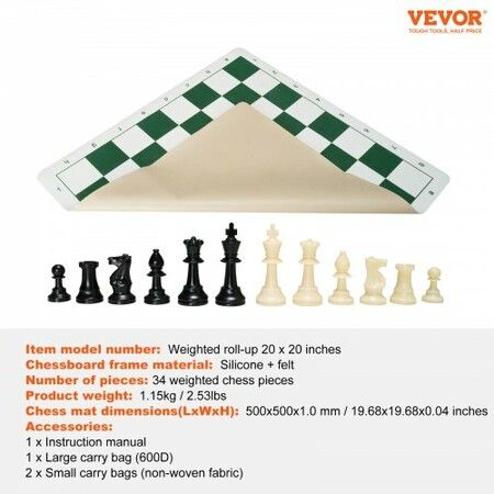 Tournament Chess Set Roll-Up Beginner Chess Board Foldable Silicone Chess Game with Plastic Weighted Chess Pieces & Storage Bag Portable Travel Chess Board