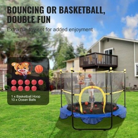 5FT Trampoline for Kids 60" Indoor Outdoor Trampoline with Safety Enclosure Net Basketball Hoop and Ocean Balls Mini Toddler Recreational Trampoline