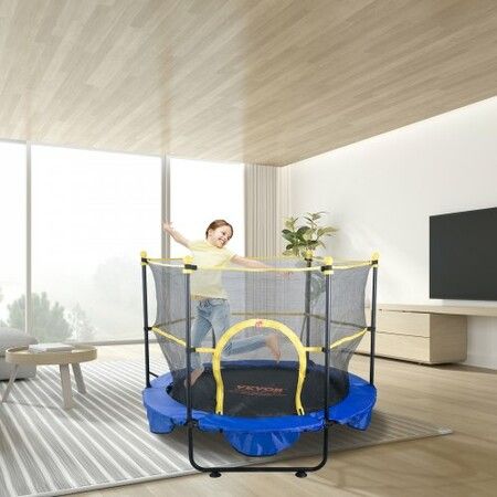 5FT Trampoline for Kids 60" Indoor Outdoor Trampoline with Safety Enclosure Net Basketball Hoop and Ocean Balls Mini Toddler Recreational Trampoline