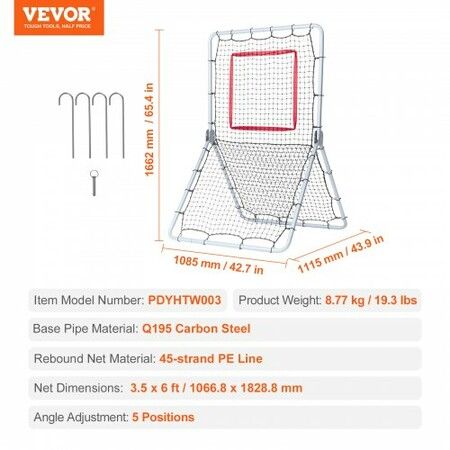 Baseball And Softball Rebounder Net 3.5 x 6 ft 5 Adjustable Angles